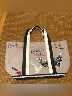 Victoria's Secret Gray Canvas Tote with Black & Cream Straps